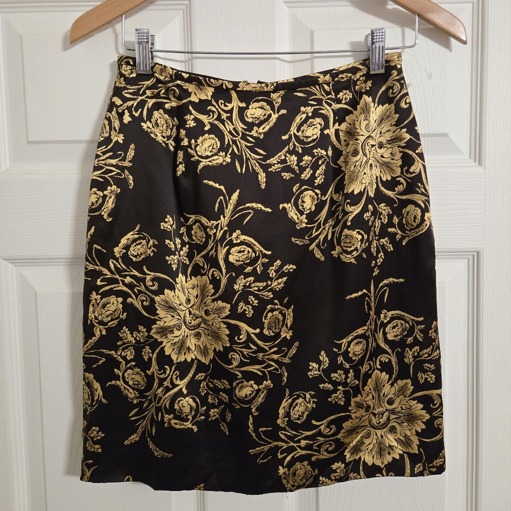 Via Seta Elegant Brown and Gold Floral Silk pencil Skirt size 8